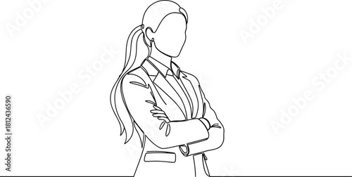 Confident businesswoman line art illustration, professional woman with crossed arms, leadership concept, minimal continuous line drawing for design