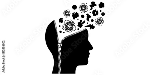Head Unzipping Clearing Mind Declutter Silhouette Vector