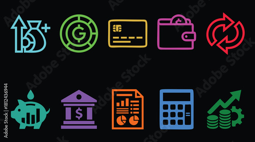 Bright financial icons show business growth and investment opportunities for your online presence and marketing