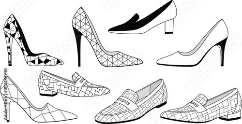 Collection of various womens footwear styles including high heel pumps, stiletto shoes, and loafer flats, isolated on white background