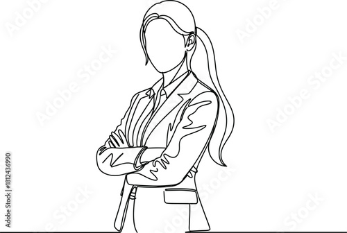 Professional businesswoman line art illustration, confident female leader outline drawing, corporate woman standing with arms crossed, minimalist vector sketch