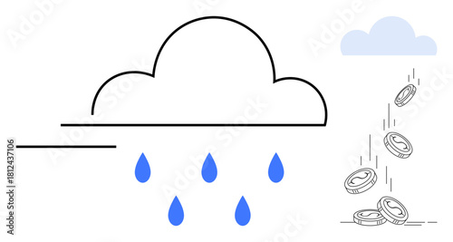 Rain cloud dropping blue water droplets and coins, symbolizing prosperity, innovation, and financial growth. Ideal for money management, savings, technology, success, investment futurism