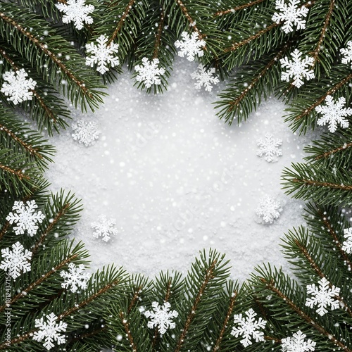 Evergreen branches and white snowflakes frame a snowy background, creating a festive winter border.