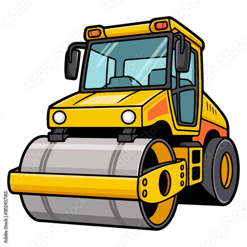 Cartoon Style Heavy Road Roller Machine Vector Illustration Isolated on White Background