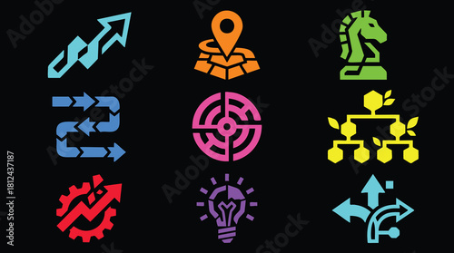 Vibrant business strategy icons for creative marketing and planning presentations, perfect for modern concepts
