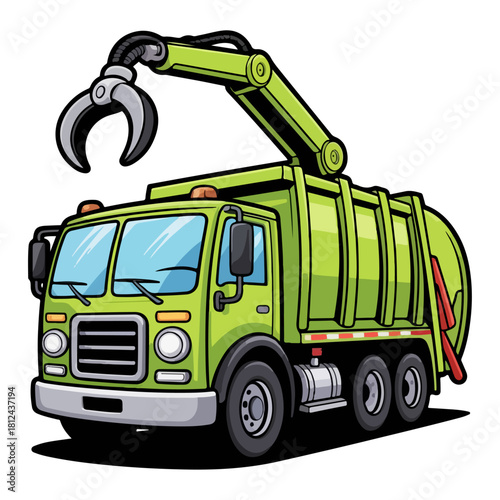 Green Garbage Truck Illustration with Mechanical Claw Arm in Detailed Cartoon Vector Style Isolated on White Background
