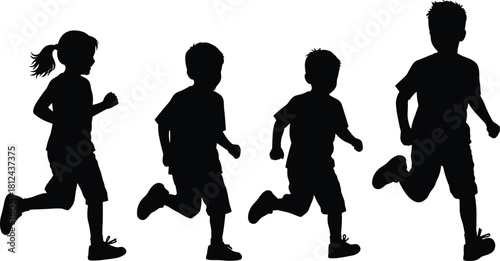 Silhouette of children running together, active kids in motion, playful youth outdoor activity concept, black isolated figures for design