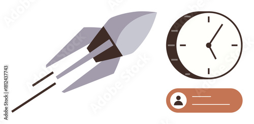 Rocket soaring forward, circular clock with sleek hands, identification tag with profile icon. Ideal for innovation, productivity, time management, progress, speed technology leadership. Simple