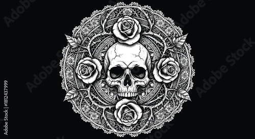 Ornate circular emblem featuring a detailed human skull surrounded by blooming roses and intricate baroque foliage, presented in a vintage, distressed black and white engraving style against a dark ba