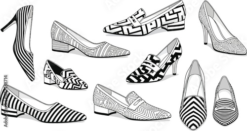 Collection of various womens footwear styles, including high heels, pumps, and loafers, all featuring intricate black and white geometric or striped patterns, isolated on white background