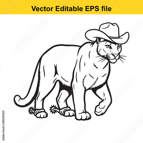 Black and white line art vector illustration of a fierce cougar or mountain lion mascot wearing a cowboy hat and spurs, isolated on
