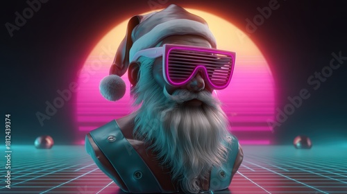 Santa bust on a bus in vaporwave style with shutter shades