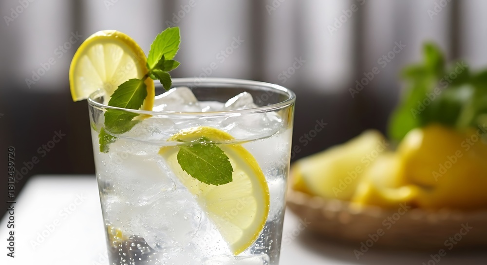 Fototapeta premium Refreshing Glass of Lemonade with Ice and Mint, Close-up Shot