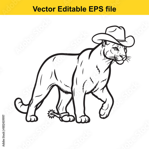 Black and white outline vector illustration of a fierce cougar or mountain lion wearing a cowboy hat and a spur on its paw, isolated on