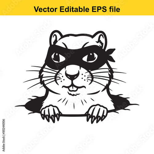 Funny cartoon groundhog or marmot wearing a black bandit mask peeking out from a hole, vector editable eps file
