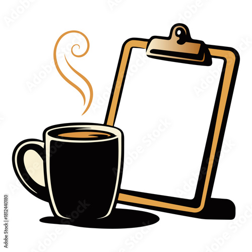 Coffee Cup and Clipboard Vector Illustration – Hot Beverage with Blank Clipboard for Notes, Office Work, Café Menu Design, Productivity Concept, and Creative Workspace Art