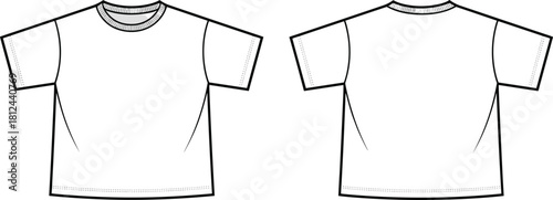 Minimalist T-shirt template CAD drawing flat vector illustration showing front and back technical sketch for apparel design, fashion drafting reference.