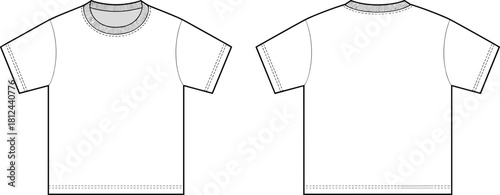 Classic T-shirt template cad drawing flat vector illustration showing detailed front and back technical flat sketch for apparel design and manufacturing reference.