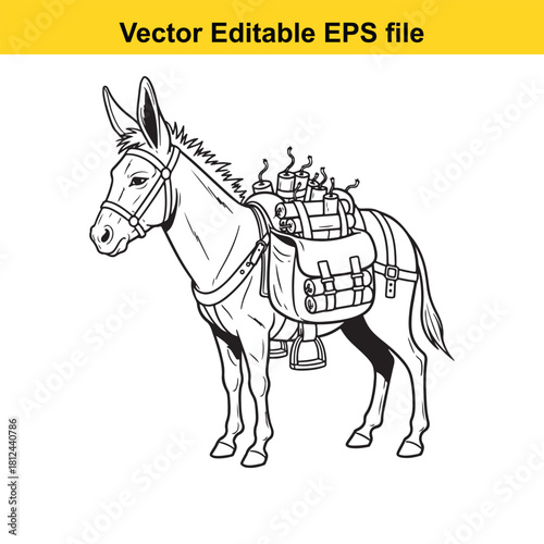 Black and white line art vector illustration of a pack mule carrying supplies and cargo on its back, isolated on