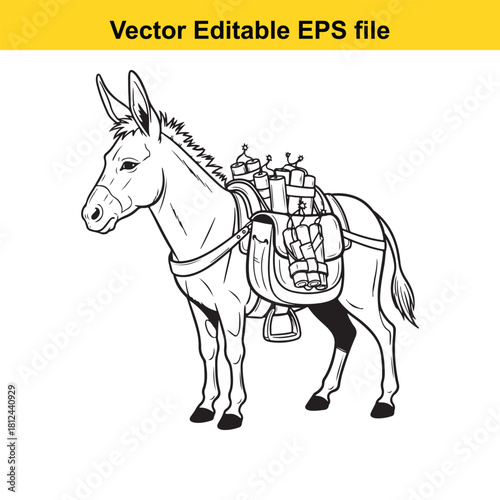 Black and white line art vector illustration of a pack mule loaded with supplies and dynamite, isolated on