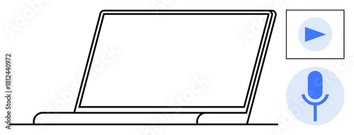 Minimalist laptop outline with play button and microphone icon suggesting media playback, recording, or communication features. Ideal for technology, media, communication, recording, podcasting