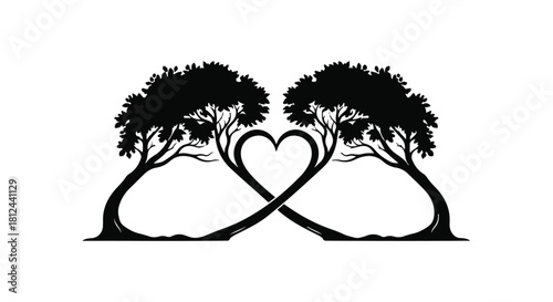 Two trees with intertwined branches forming a heart and infinity symbol, representing eternal love and connection.