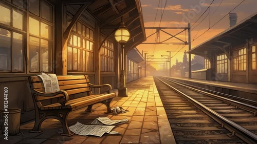 Nostalgic Train Station Scene at Sunset