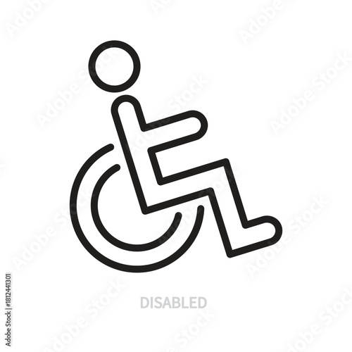 Disabled line icon. Black outline sign. Person, invalid / wheelchair symbol. Medicine, medical, hospital, disability concept. Vector illustration. Editable stroke. Isolated on a white background.