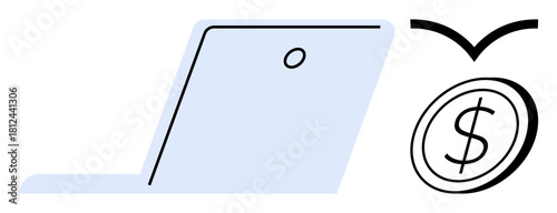 Minimalist laptop beside coin imagery signifies online income, fintech, remote work, investment platforms, digital banking, and payment systems. Ideal for e-commerce, digital solutions, finance