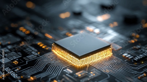 Cutting edge microchip with glowing connections represents the future of technology, showcasing innovation, digital transformation, and the power of artificial intelligence