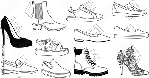 Collection of various footwear styles including high heel pump, cowboy boot, sneaker, loafer, sandal, and combat boot, isolated on white background