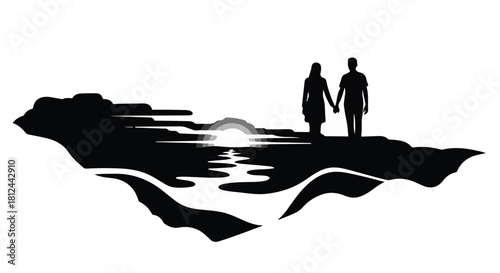 Couple holding hands at sunset overlooking a serene landscape