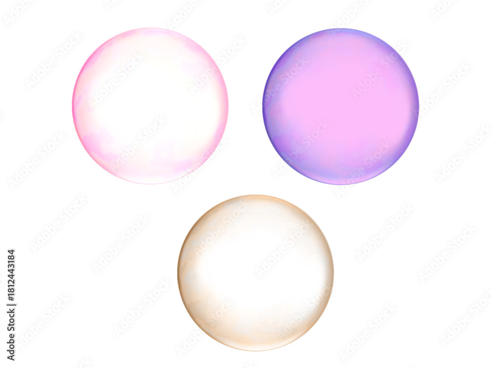 Obraz premium Vector Illustration of three soap bubbles pink, purple and orange on transparent or white background, png file