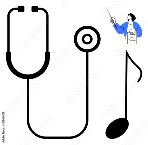 Stethoscope morphing into a music note, complemented by a conductor orchestrating a score. Ideal for healthcare, art, music, creativity, holistic wellness, sound dynamics connection themes. Simple