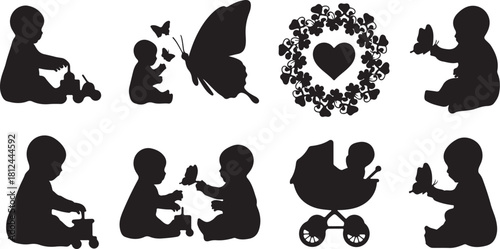 Assortment of Baby and Butterfly Silhouettes with Decorative Elements Keywords: baby, infant, child, toddler, silhouette, butterfly, insect, playing, sitting, crawling, on transparent background