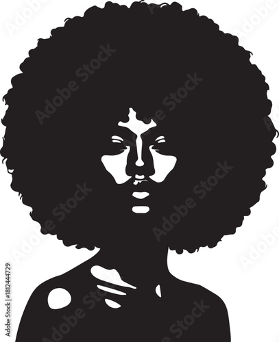 Black silhouette of a woman's head with a large afro on white background hairstyle hair on transparent background