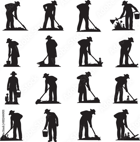 Collection of 16 silhouettes of a person gardening with tools and plants gardener on transparent background