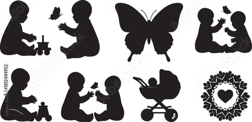 Collection of baby and butterfly silhouettes with a stroller and decorative heart wreath Keywords: baby, infant, child, toddler, playing, interacting, butterfly, insect, on transparent background