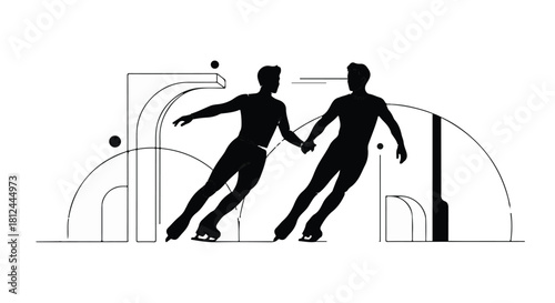 Two male figure skaters holding hands gracefully on ice, artistic silhouette.
