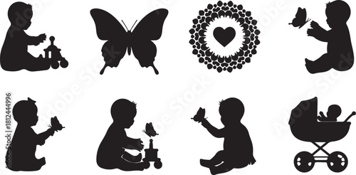 Collection of baby and butterfly silhouette icons with heart wreath infant child on transparent background