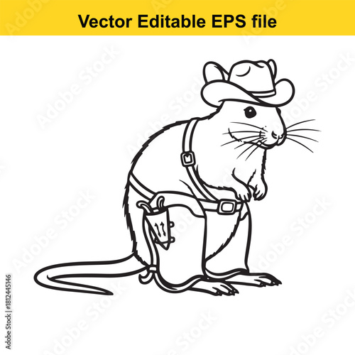 Black and white line art vector illustration of a cute cartoon mouse dressed as a cowboy wearing a hat, holster, and boots, isolated on