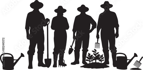 Gardeners with tools and plants in silhouette Keywords: gardening, gardeners, farming, agriculture, planting, cultivation, growth, nature, tools, equipment, shovel, rake, on transparent background