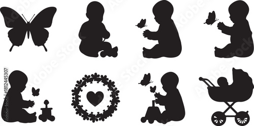 Silhouette collection of babies butterflies a wreath and a baby carriage Keywords: baby, infant, child, toddler, butterfly, insect, wreath, heart, baby carriage, stroller, on transparent background