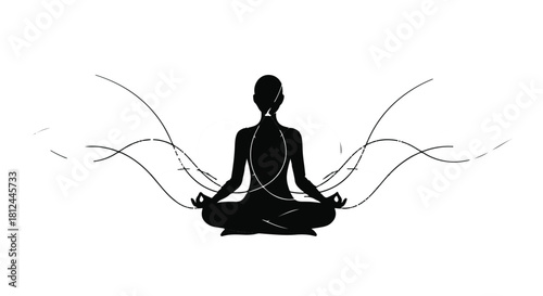 Serene silhouette meditating with flowing energy lines