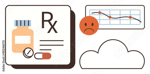 Bottle, pills, Rx symbol, graph with sad emotion, and cloud showcasing medical care, data analysis, emotional health, digital storage, treatment monitoring healthcare innovation simple flat