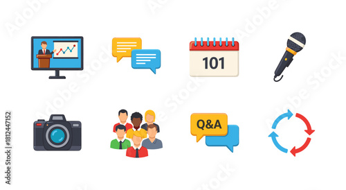 Colorful business icons set featuring communication and technology elements