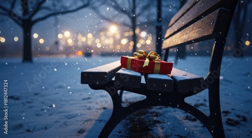 Forgotten Christmas gift on a park bench during a romantic date on Christmas Eve