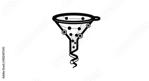 Conceptual illustration of a funnel with dots flowing through, representing data processing or filtering.