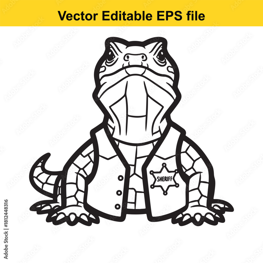 Fototapeta premium Outline vector illustration of a cute lizard dressed as a sheriff wearing a badge, isolated on