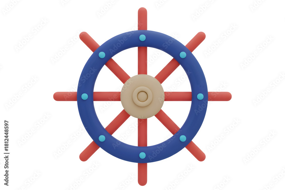 Obraz premium 3d rendered ship's wheel with red spokes and blue rim detail